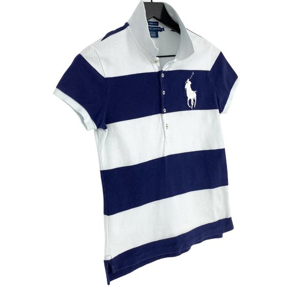 VTG RALPH LAUREN The Skinny Polo Big Pony Navy and White Stripe Shirt - Picture 3 of 15